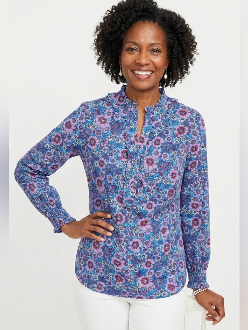 Talbots Floral  Blouse Smocked Cuff Ruffle Blouse Plus Size 1X